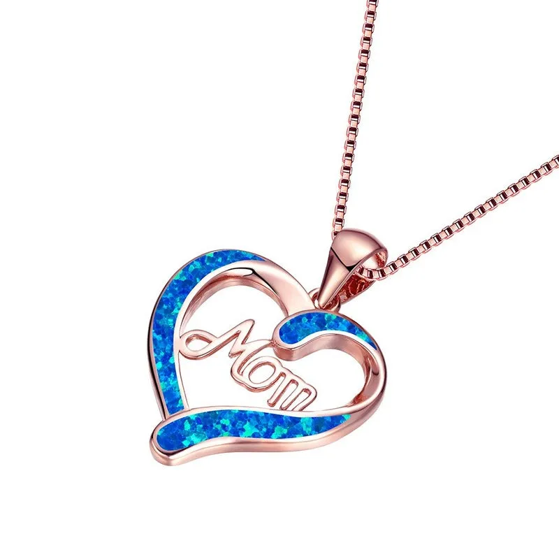 Blue MOM Heart Pendant Necklace Women Anniversary Jewelry
