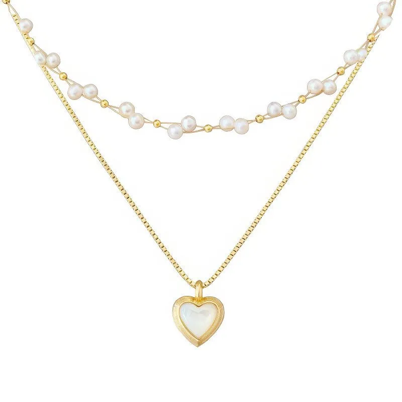 Bohemian Pearl Layered Necklace with Mother-of-Pearl Heart Charm