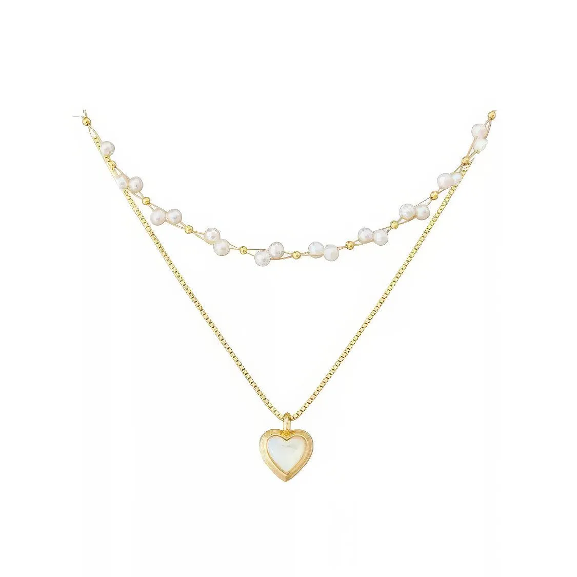 Bohemian Pearl Layered Necklace with Mother-of-Pearl Heart Charm