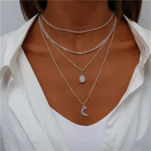 Boho Four Multi Layered Necklace - Moon Crescent Double Pendant