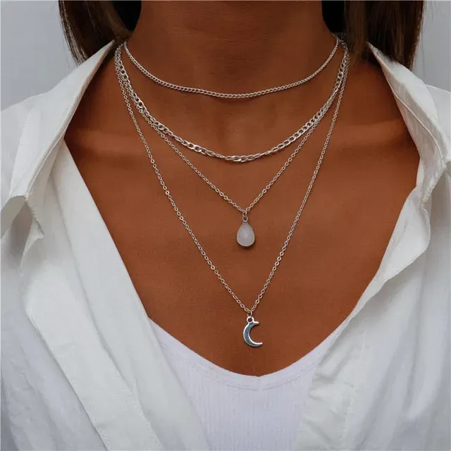 Boho Four Multi Layered Necklace - Moon Crescent Double Pendant