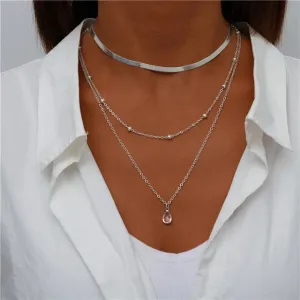 Boho Three Layered Silver Necklace with Pink Pendant