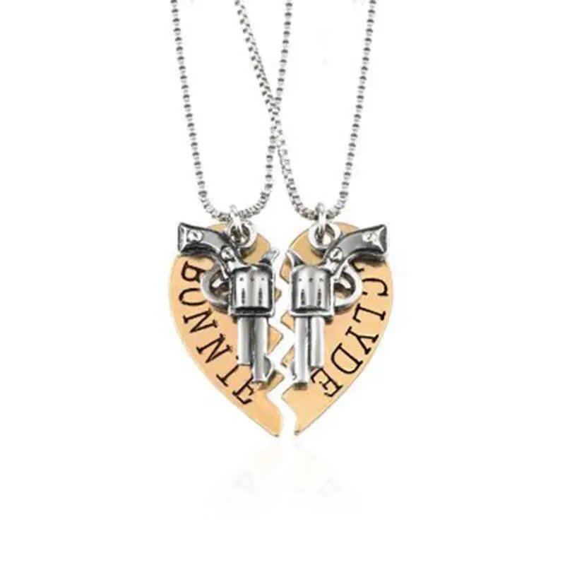 Bonnie Clyde Gun Necklace Heart Matching Movie Jewlery For Couples Best Friend Necklaces