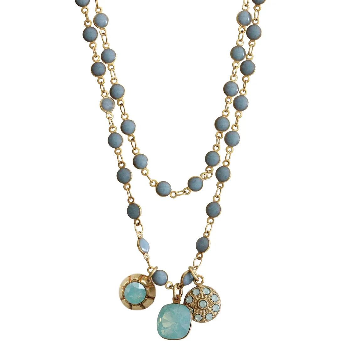 Catherine Popesco 14k Gold Plated 3 Charm Beaded Enamel Double Chain Crystal Necklace,1224G Pacific Blue