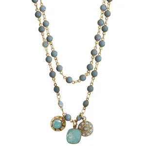 Catherine Popesco 14k Gold Plated 3 Charm Beaded Enamel Double Chain Crystal Necklace,1224G Pacific Blue