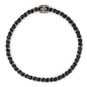 Chanel 2012 Choker Necklace Blue Leather Chain Link CC Logo Turn Lock 15 Inch Silver Tone