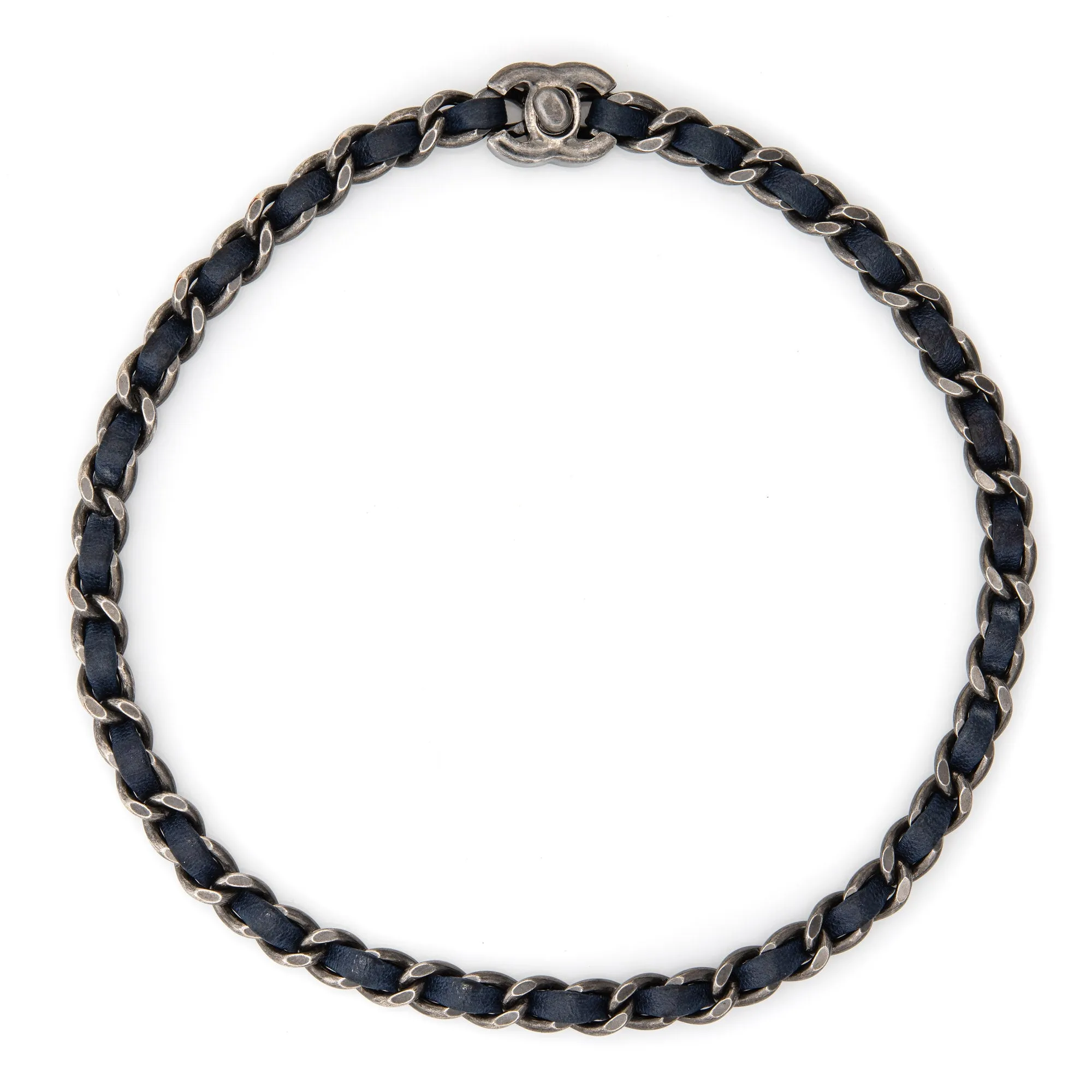 Chanel 2012 Choker Necklace Blue Leather Chain Link CC Logo Turn Lock 15 Inch Silver Tone