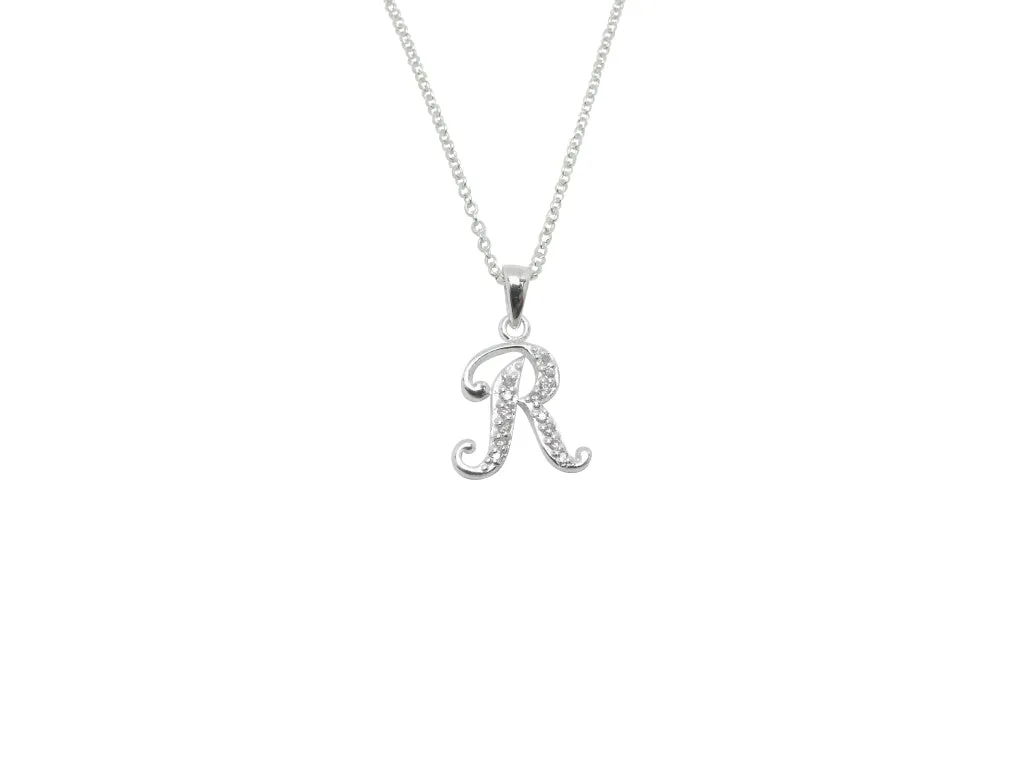 Children's Necklaces:  Sterling Silver/CZ Initial R Necklaces On Your Choice of Chain Length