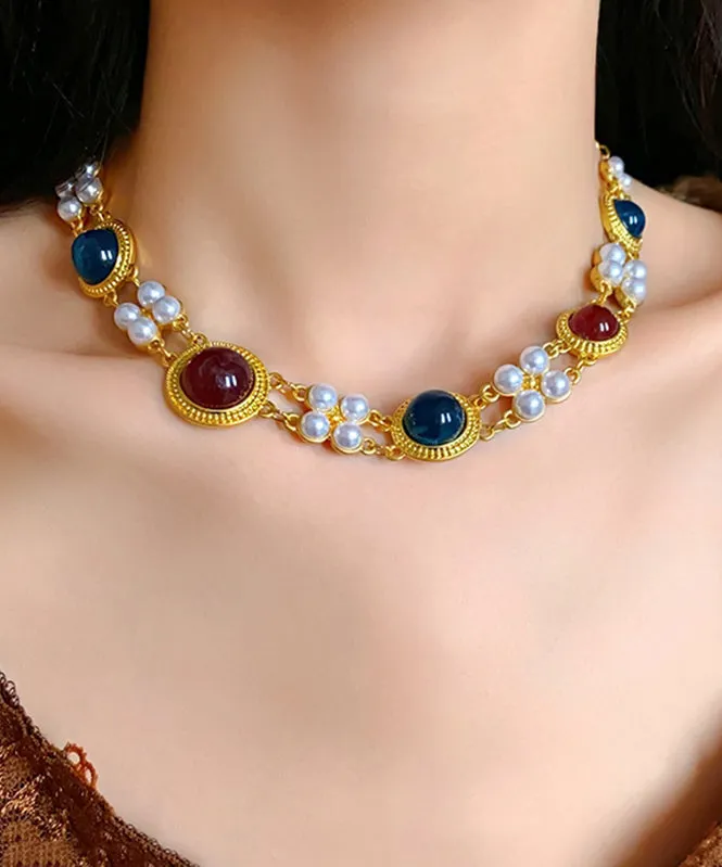 Chinese Style Rainbow Sterling Silver Alloy Pearl Resin Collar Necklace
