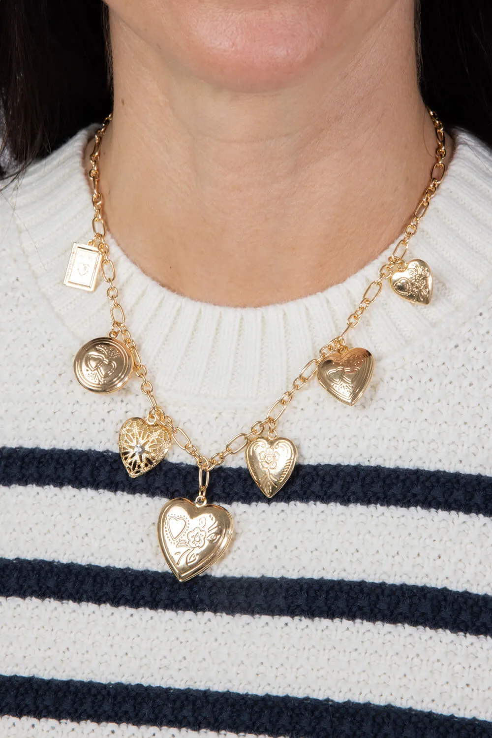 Chunky Charm Locket Necklace in Gold | JNC409GDCRY