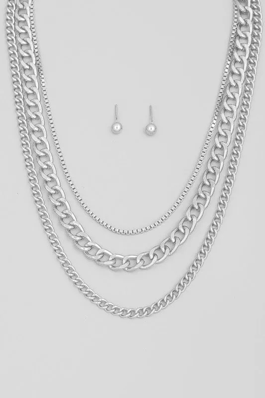 Chunky Curb Chain Layered Necklace & Earring Set - Silver