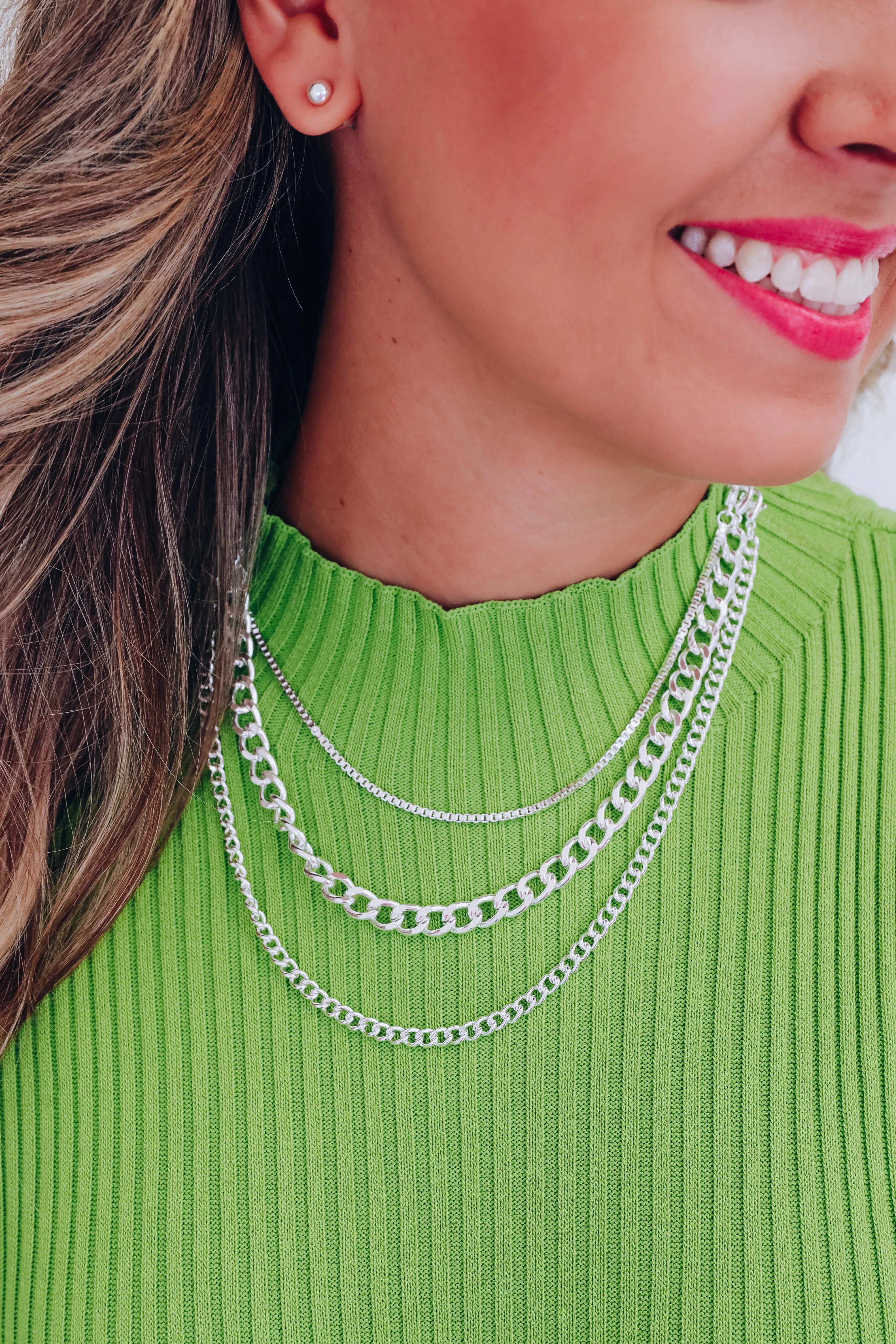 Chunky Curb Chain Layered Necklace & Earring Set - Silver