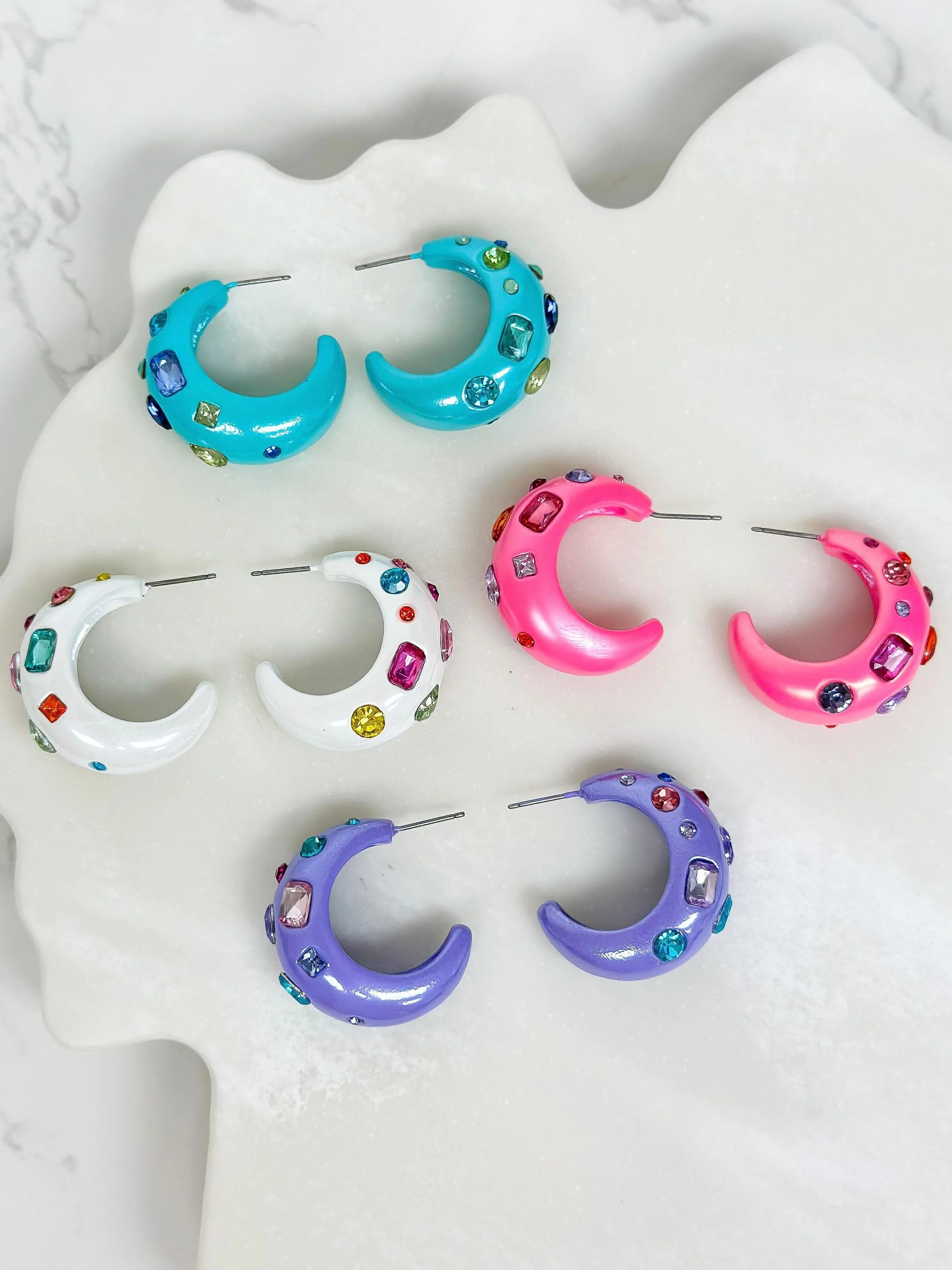 Chunky Rhinestone Bauble Hoop Earrings - Purple