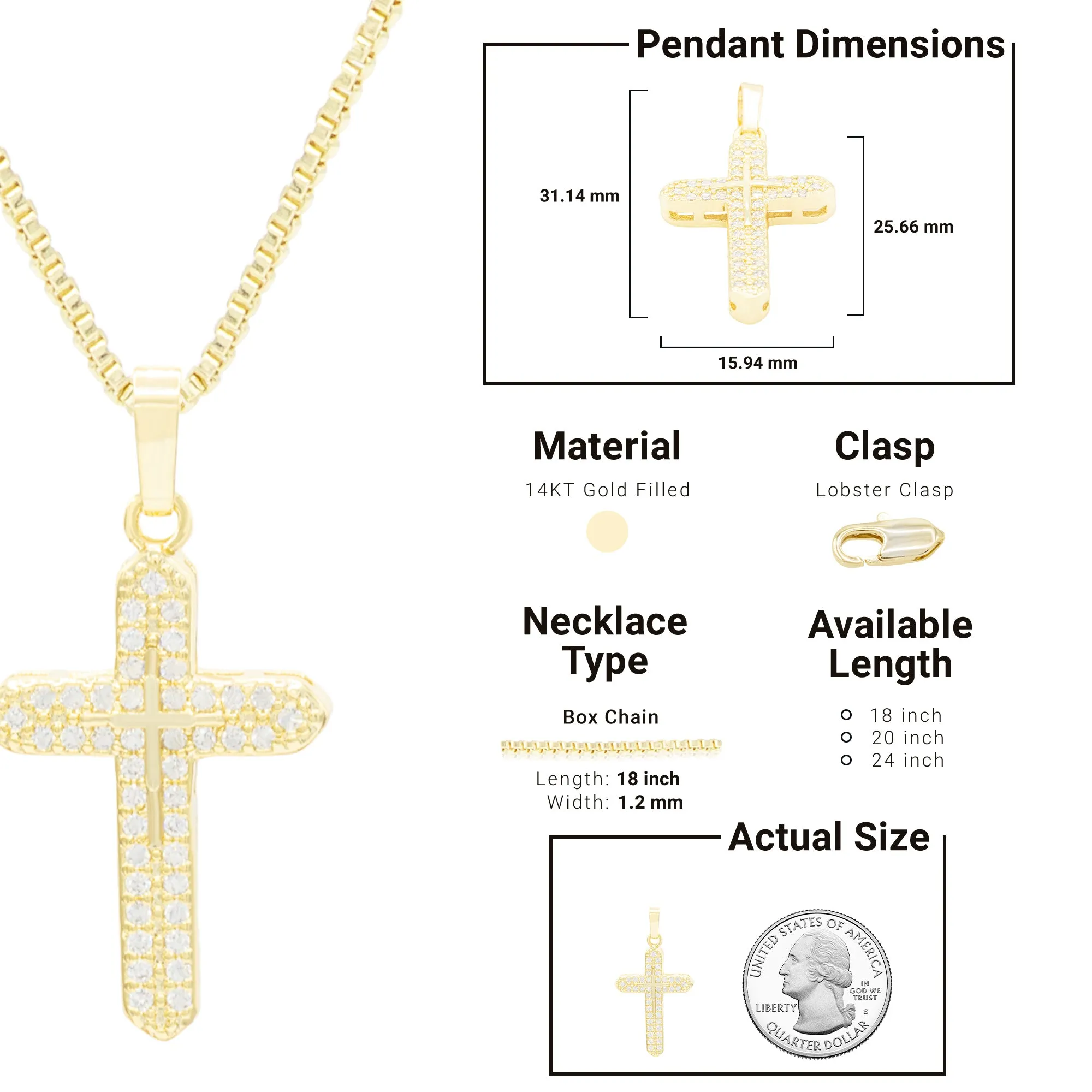 Cross 3 Cubic Zirconia Pendant With Necklace Set 14K Gold Filled