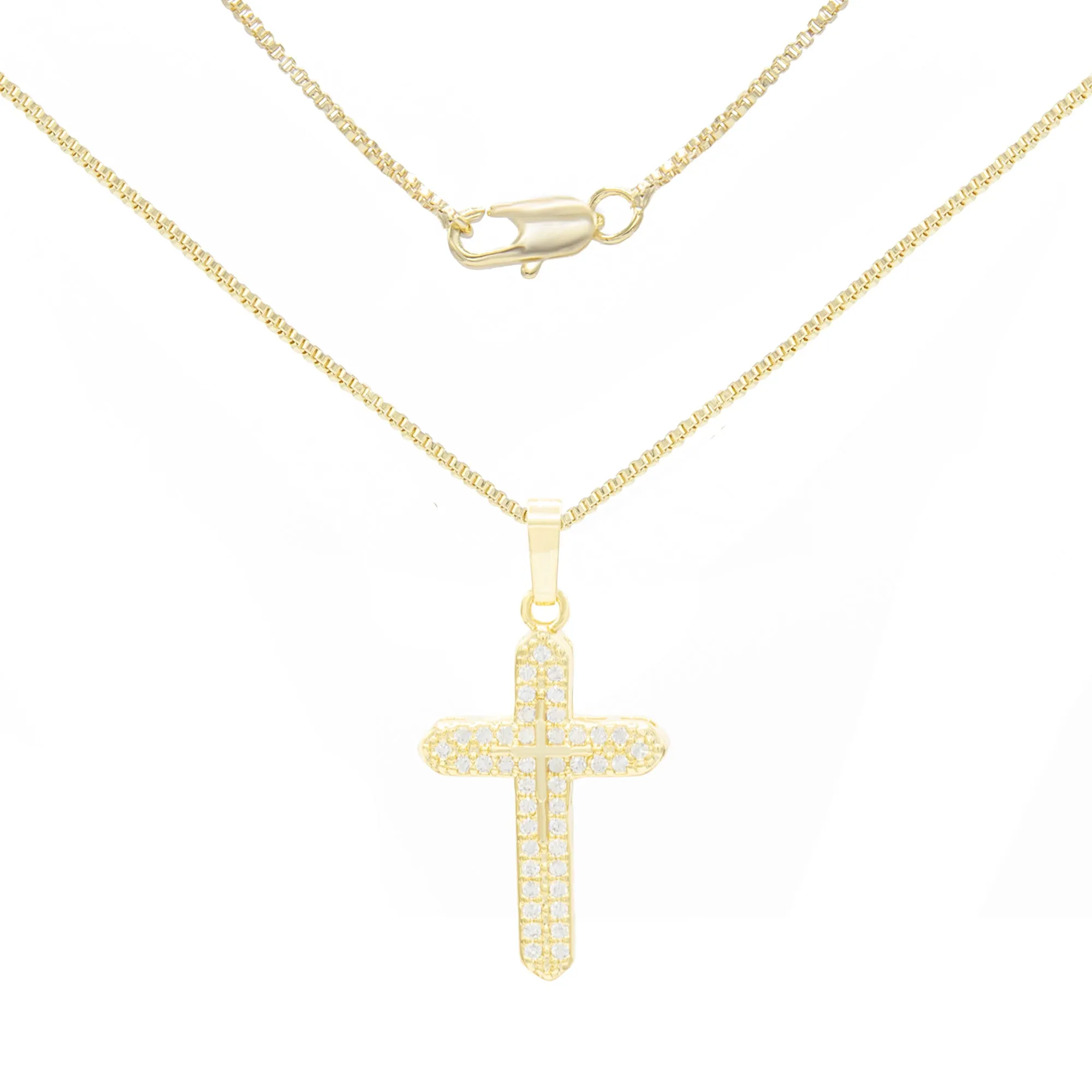 Cross 3 Cubic Zirconia Pendant With Necklace Set 14K Gold Filled