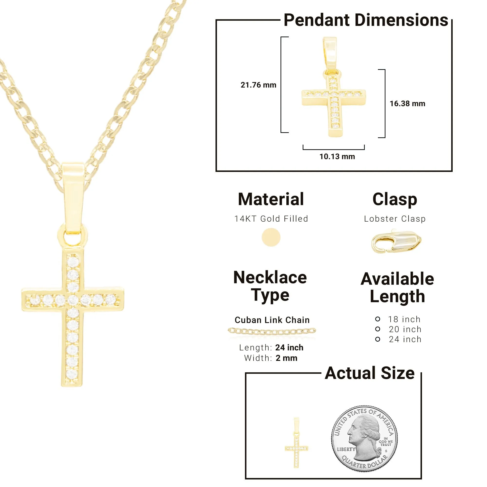 Cross Cubic Zirconia Pendant With Necklace Set 14K Gold Filled