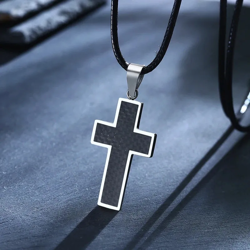 Cross Necklace Men, Black Carbon Fiber Latin Cross Pendant