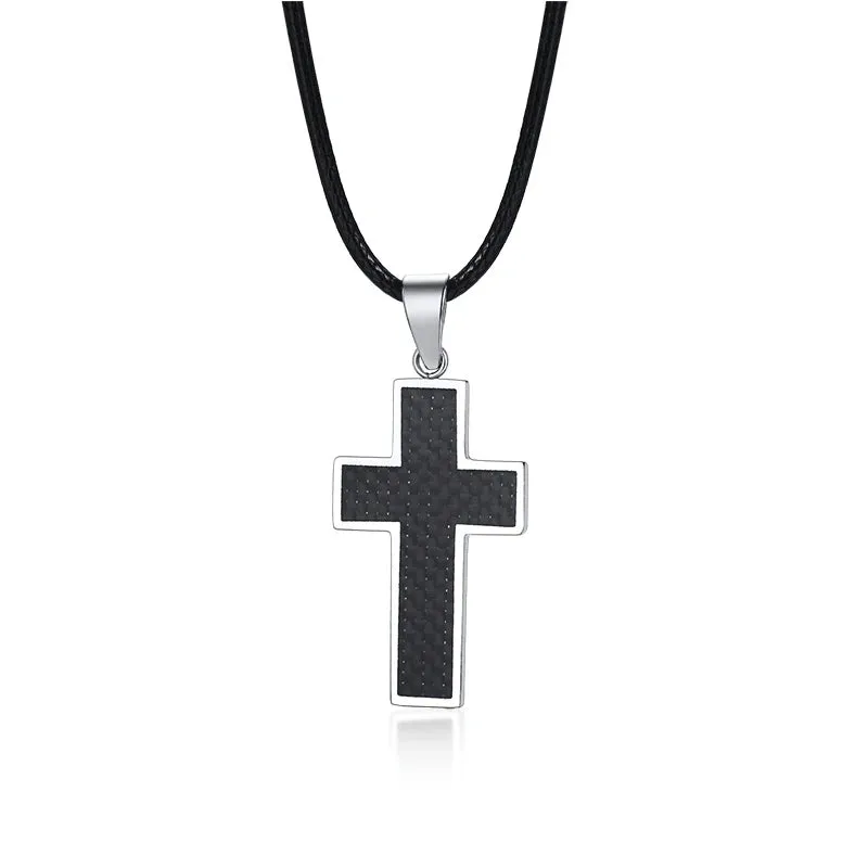 Cross Necklace Men, Black Carbon Fiber Latin Cross Pendant