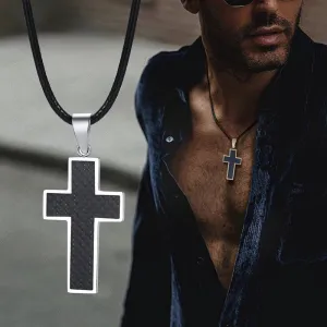 Cross Necklace Men, Black Carbon Fiber Latin Cross Pendant