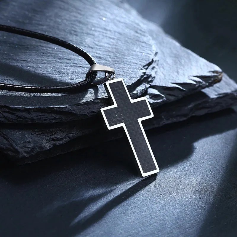 Cross Necklace Men, Black Carbon Fiber Latin Cross Pendant