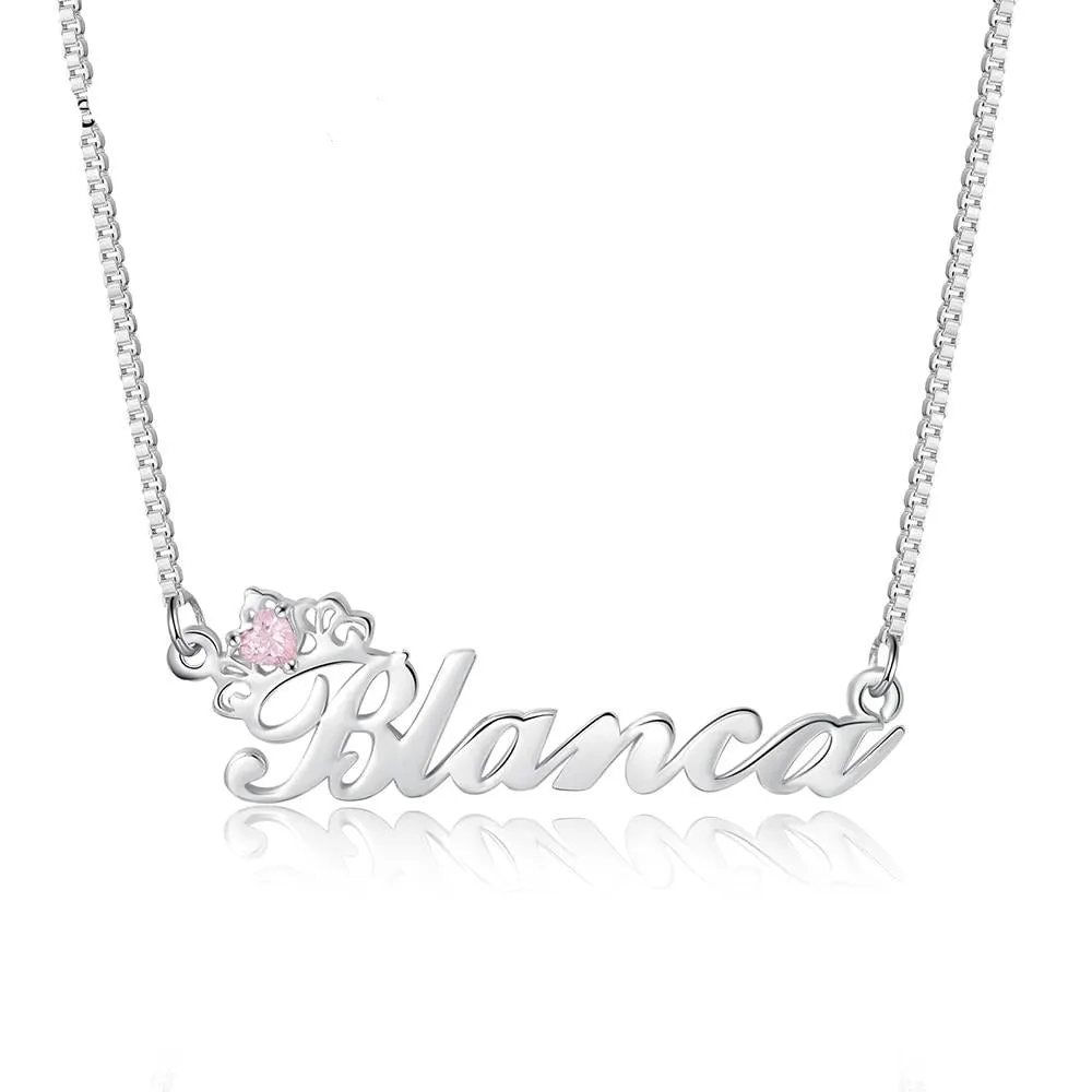 Crown Nameplate Necklace with Personalized Birthstone