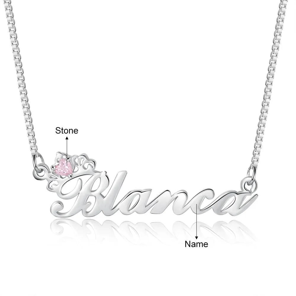 Crown Nameplate Necklace with Personalized Birthstone
