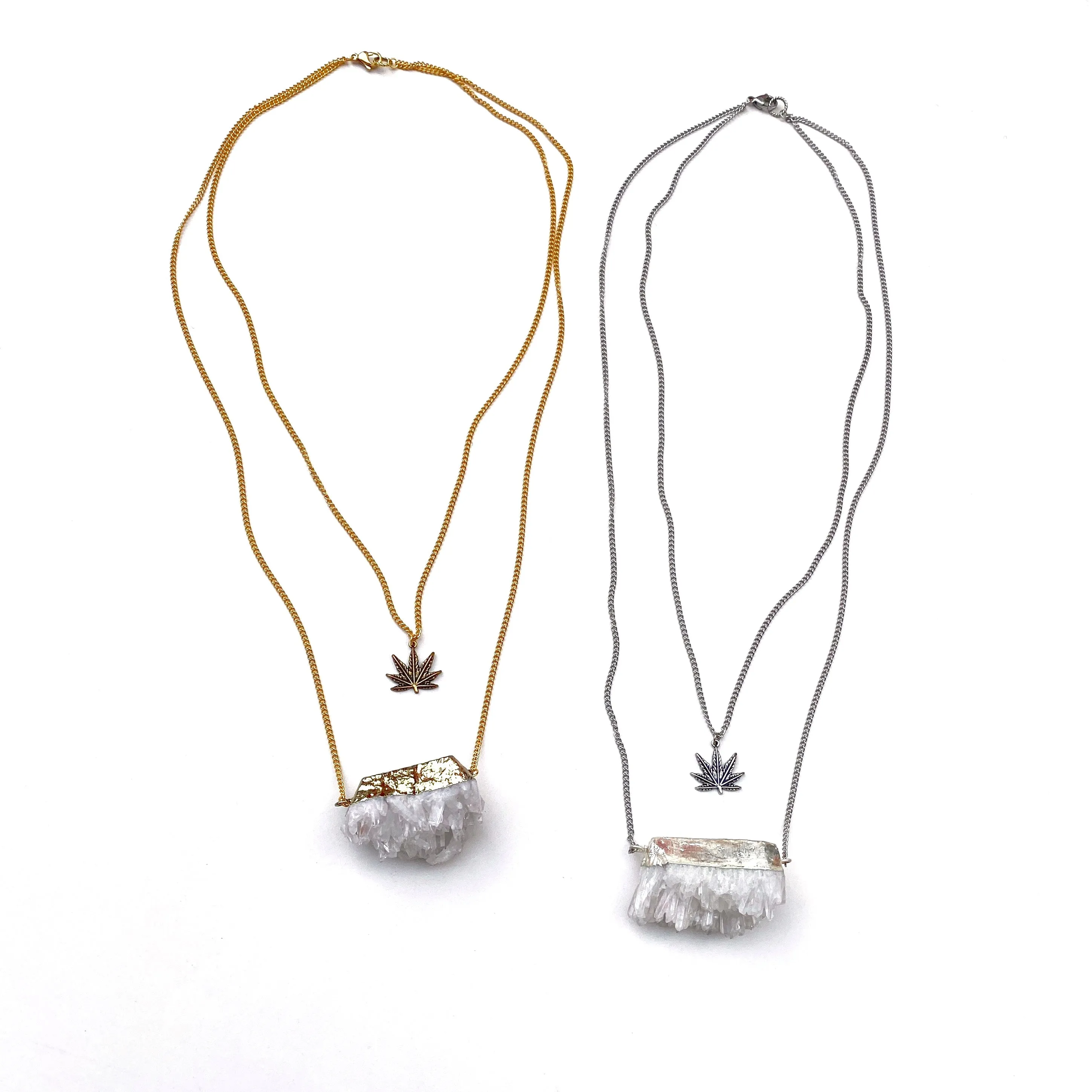 Crystal Layered Weed Leaf Necklace - Silver