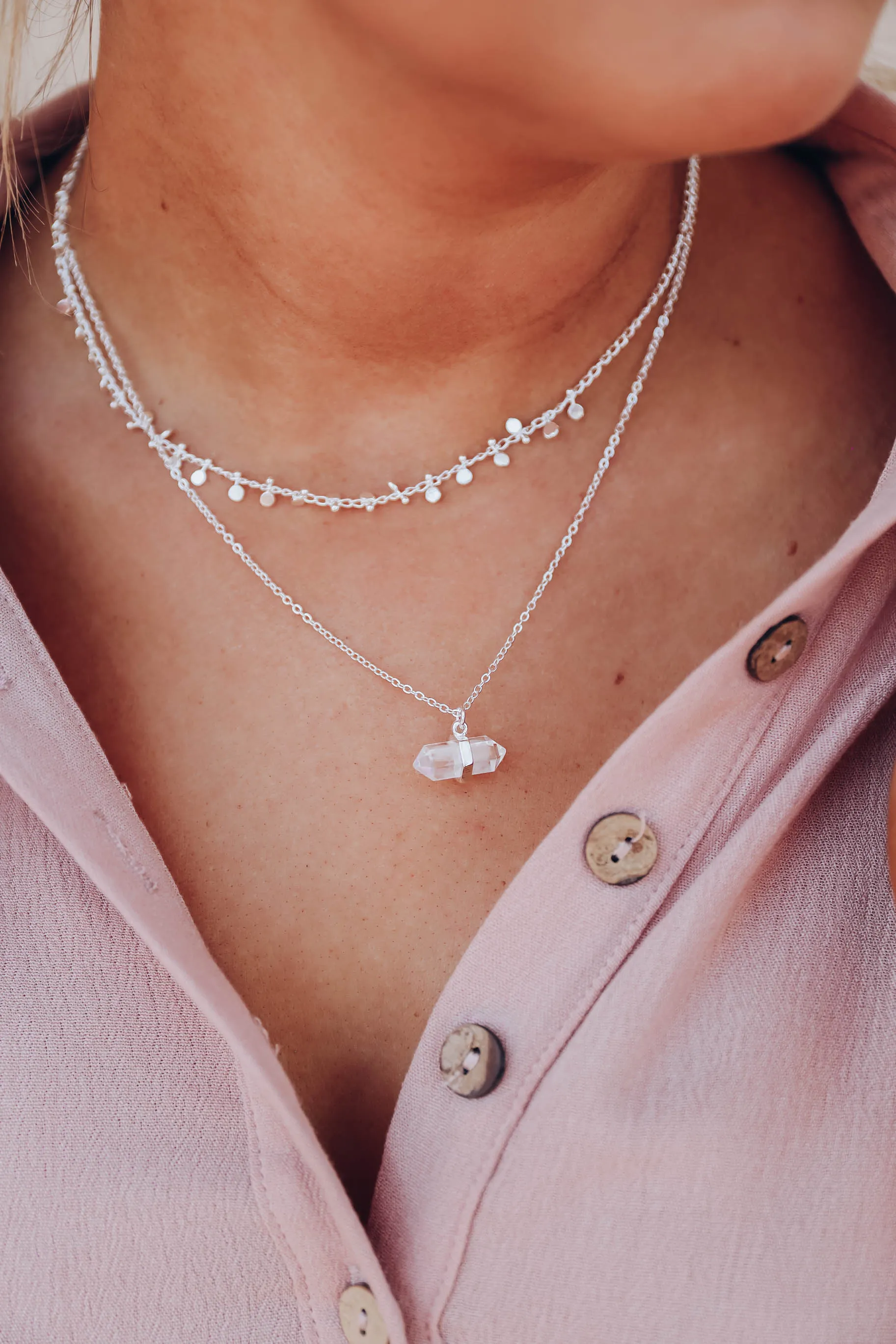 Crystal Pendant Layered Necklace - Silver