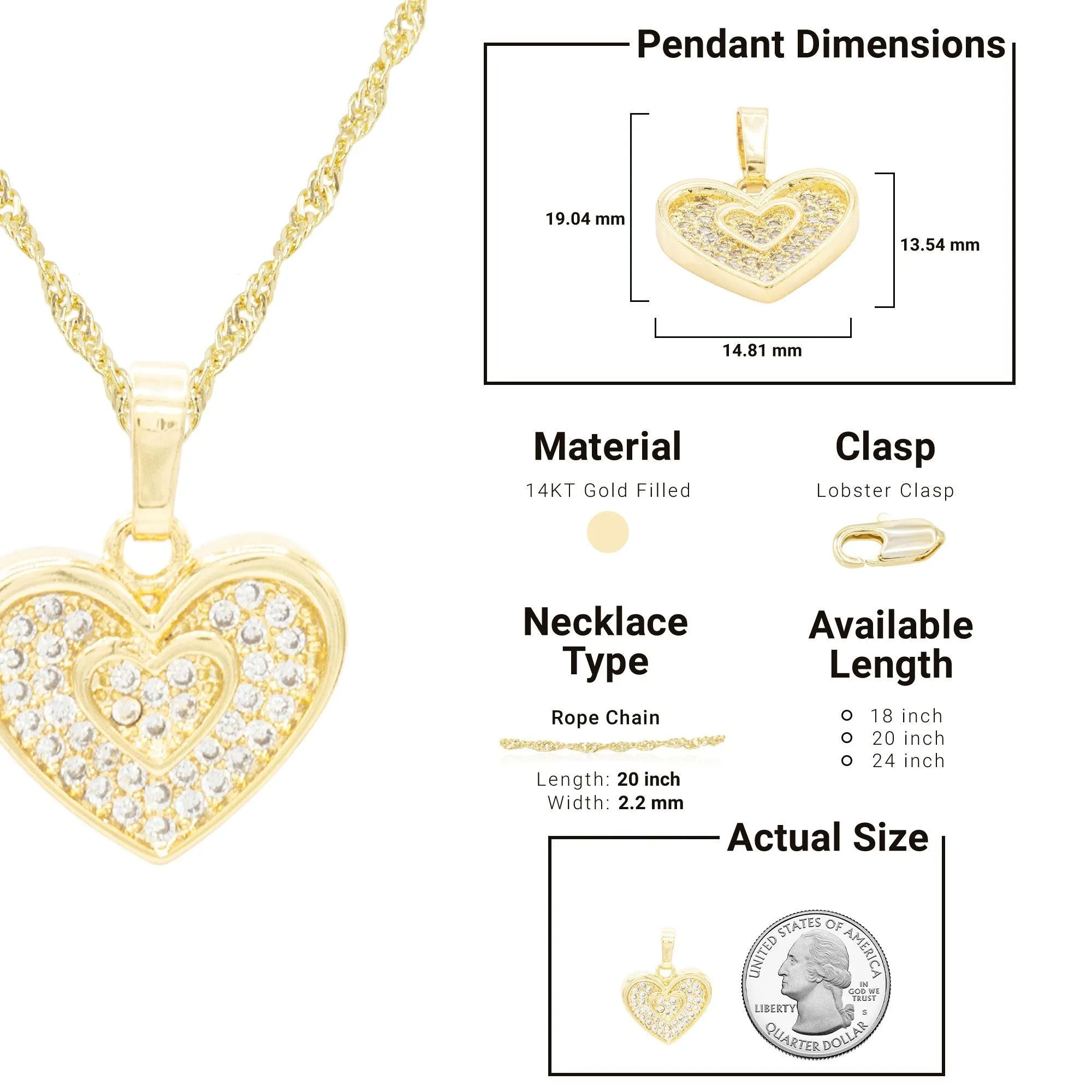 Cubic Zirconia 14K Gold Filled Binary Heart Pendant Necklace Set