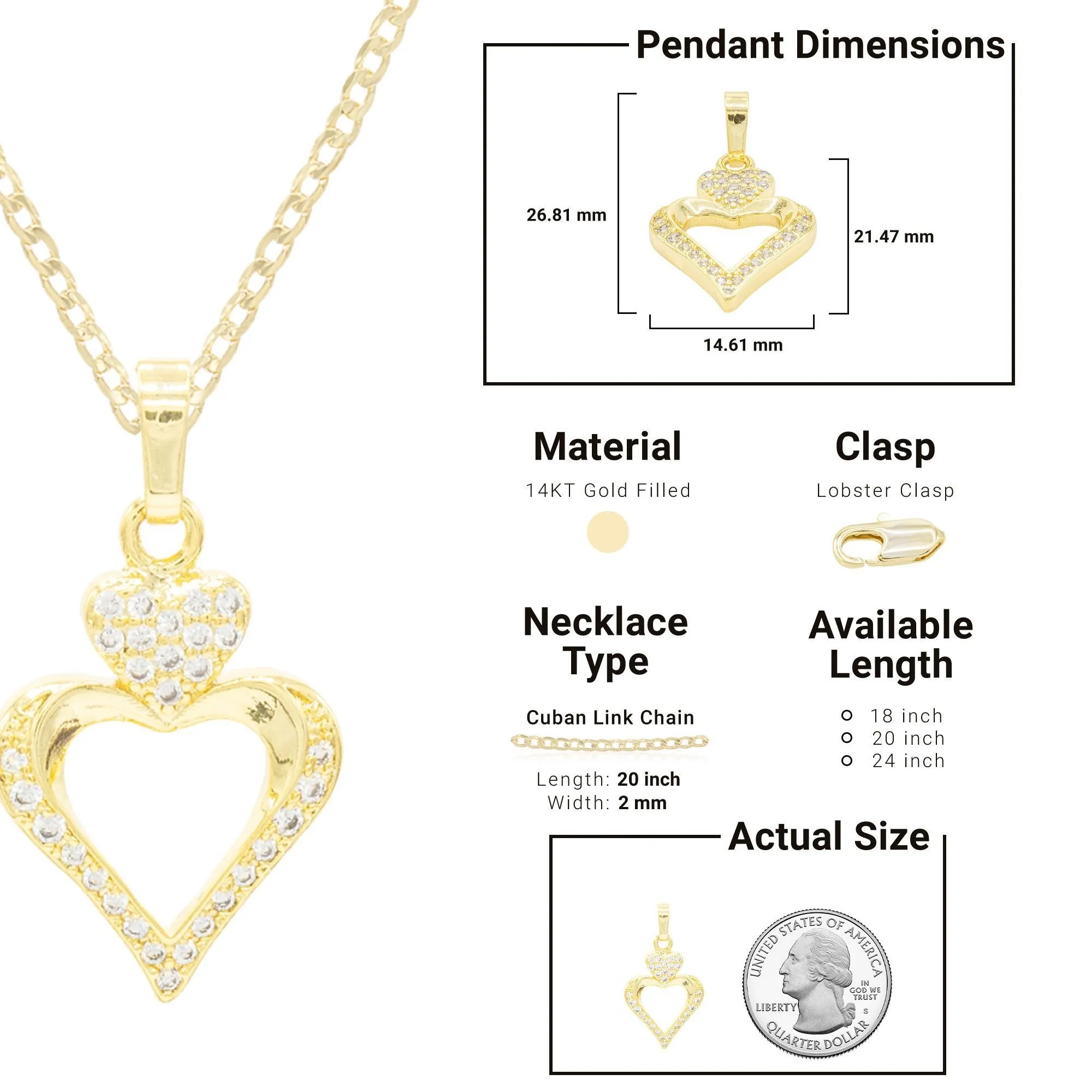 Cubic Zirconia 14K Gold Filled Two Hearts Pendant Necklace Set