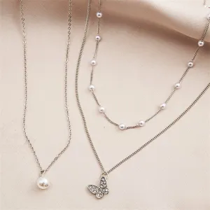 Cubic Zirconia & Pearl Silver-Plated Butterfly Necklace Set