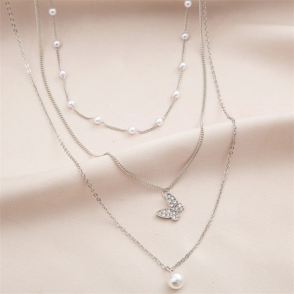 Cubic Zirconia & Pearl Silver-Plated Butterfly Necklace Set