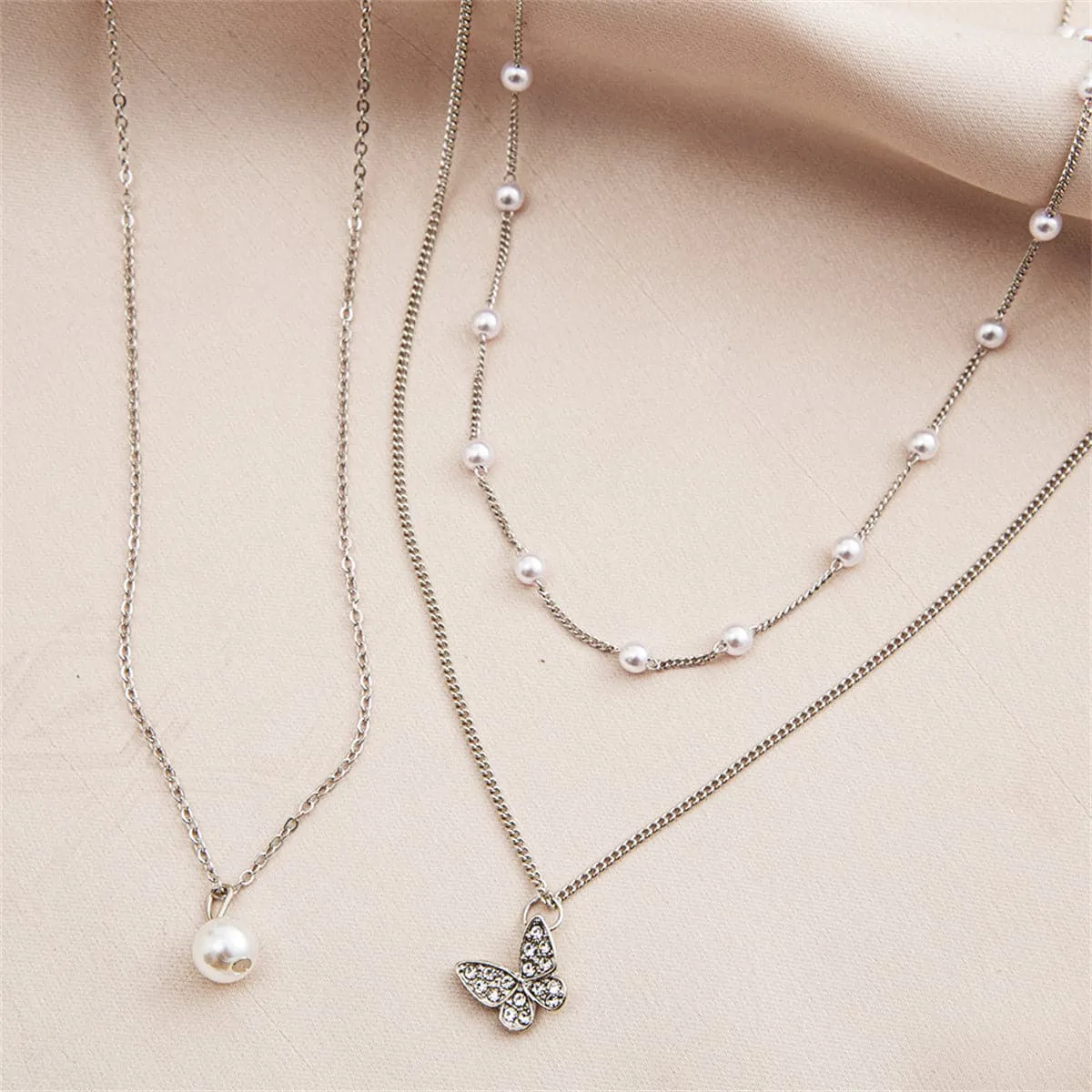 Cubic Zirconia & Pearl Silver-Plated Butterfly Necklace Set