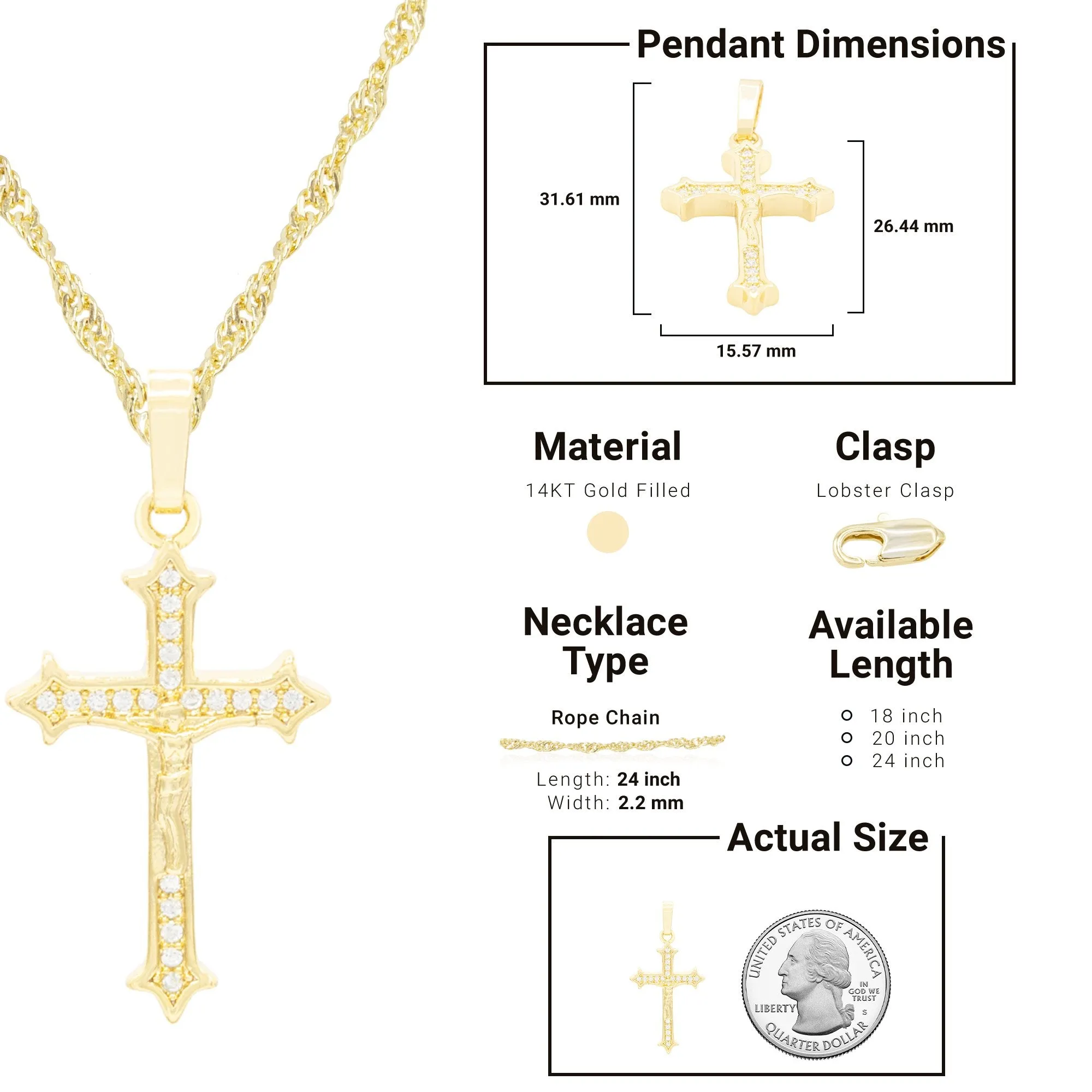 CZ Cross Cubic Zirconia Pendant With Necklace Set 14K Gold Filled