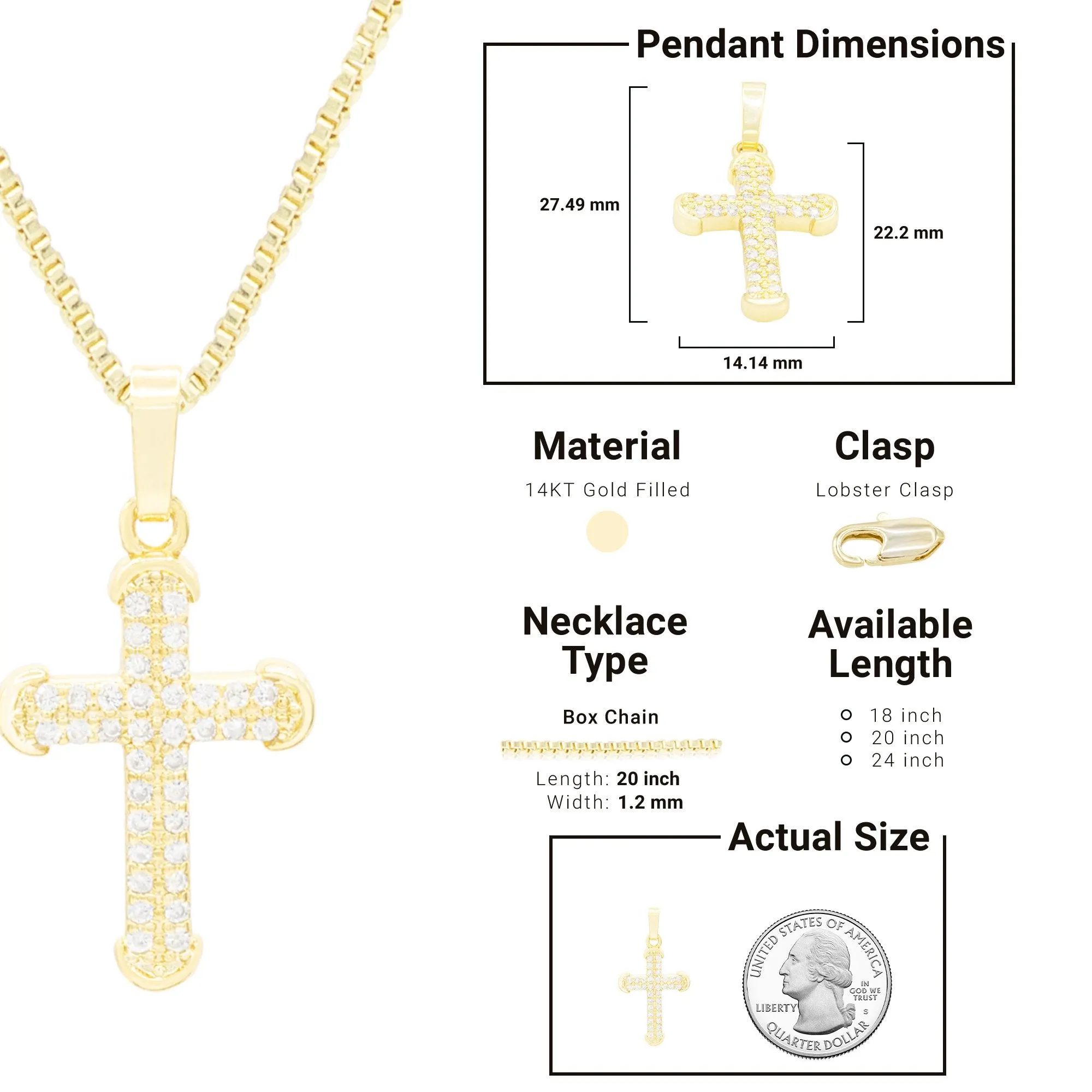 CZ Stone Accurate Cross Cubic Zirconia Pendant With Necklace Set 14K Gold Filled