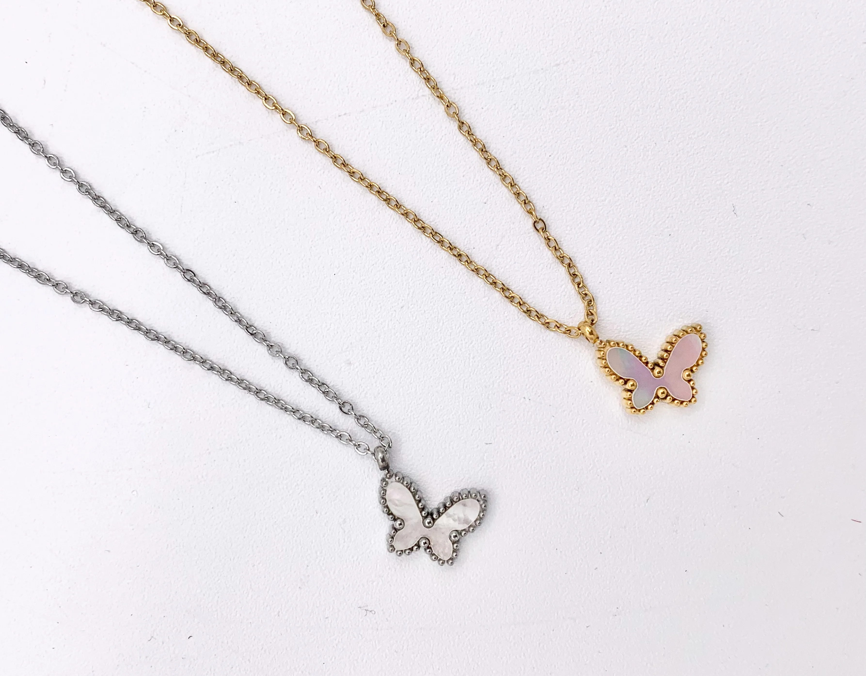 Delicate MOP Butterfly Necklace Gold/Silver Plated Stainless Steel Dainty Flexible Minimalist Finished Necklace 16" with Extension Link
