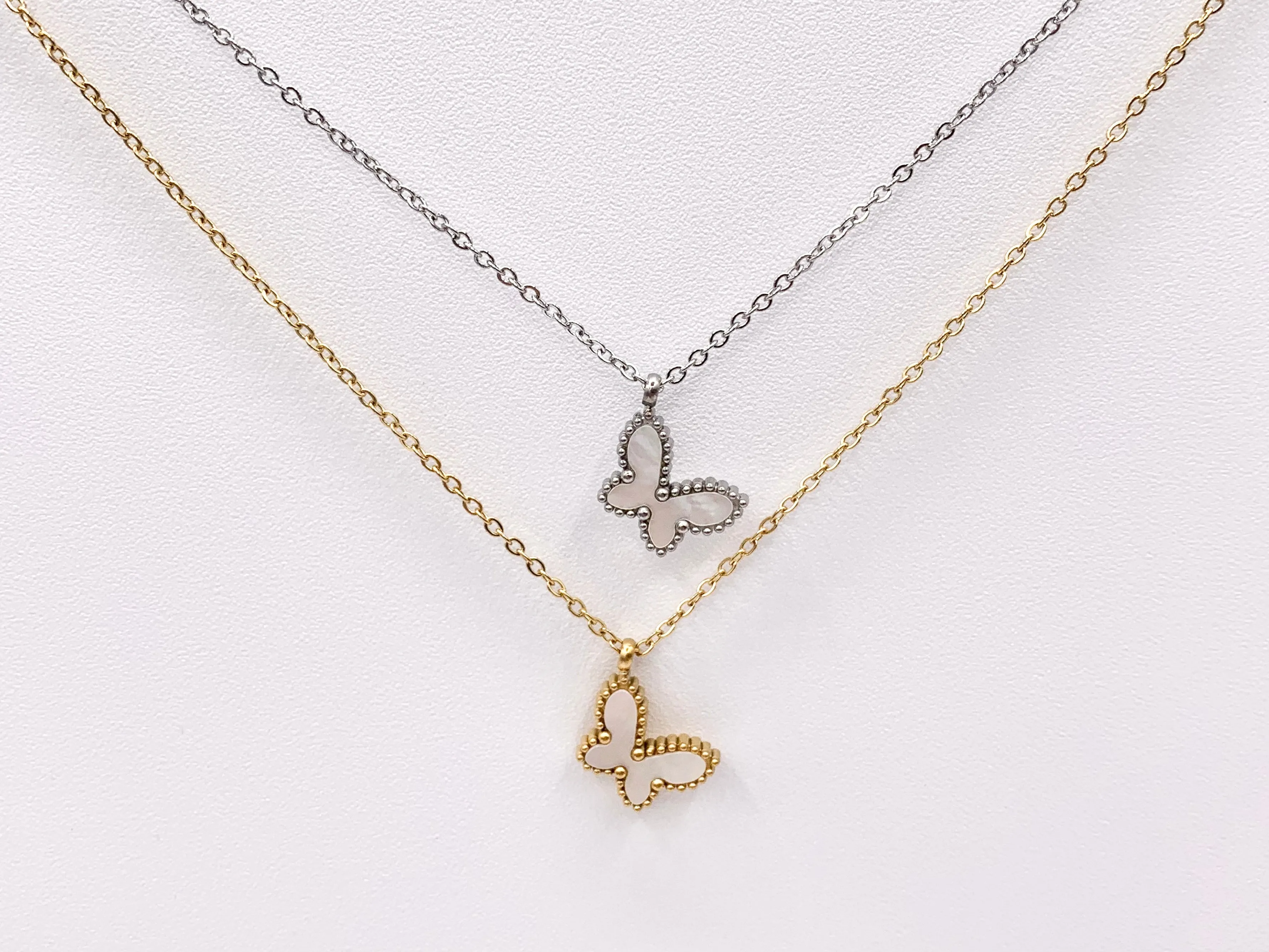 Delicate MOP Butterfly Necklace Gold/Silver Plated Stainless Steel Dainty Flexible Minimalist Finished Necklace 16" with Extension Link