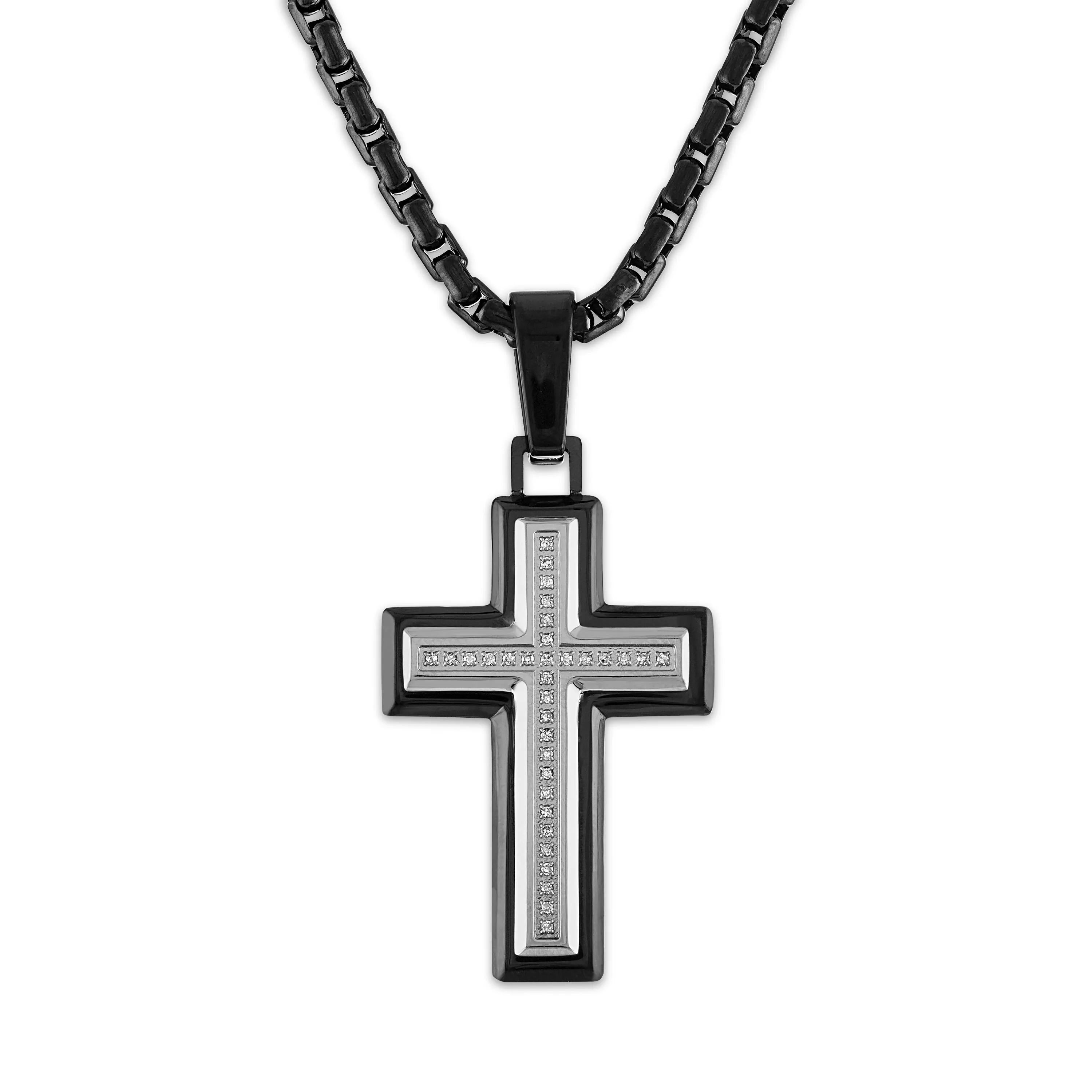 Diamond Black Cross Necklace 1/10 cttw with Black Ion Plated Stainless Steel Rolo Chain, 22"