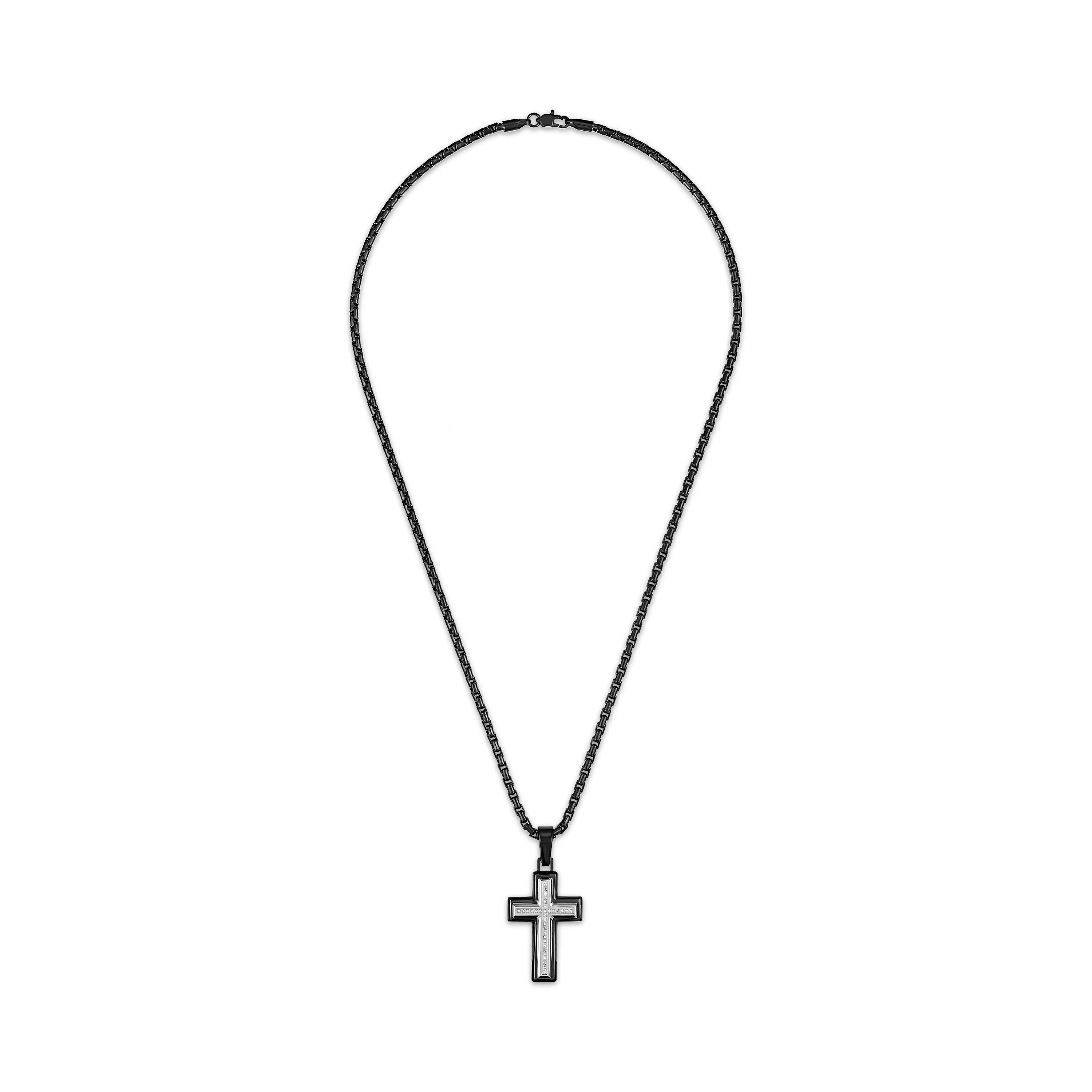 Diamond Black Cross Necklace 1/10 cttw with Black Ion Plated Stainless Steel Rolo Chain, 22"