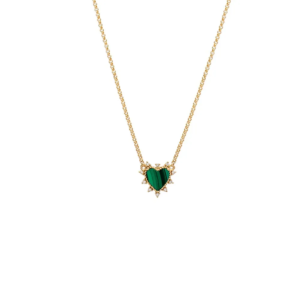 Diamond X Green Malachite Heart Necklace 14K