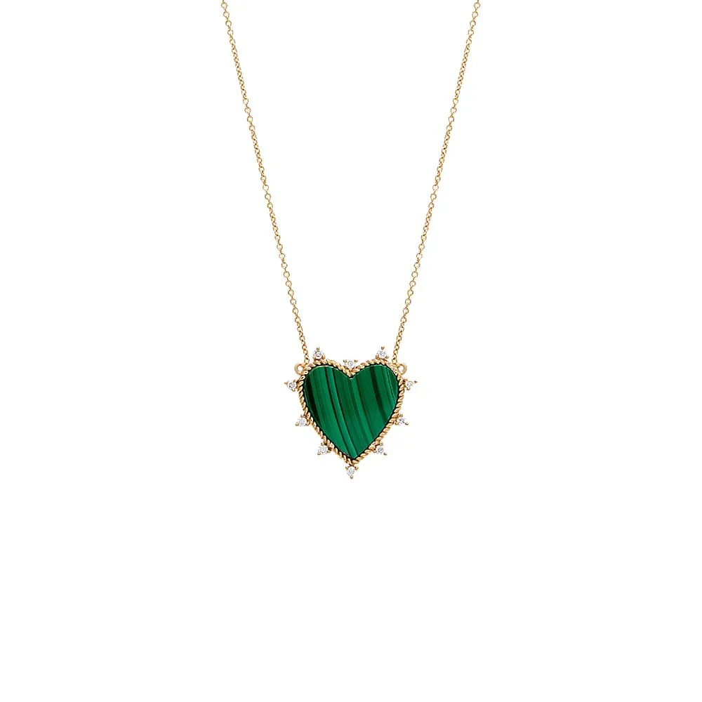 Diamond X Green Malachite Heart Necklace 14K