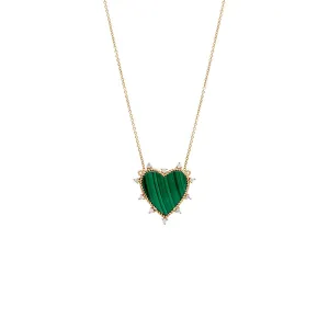 Diamond X Green Malachite Heart Necklace 14K
