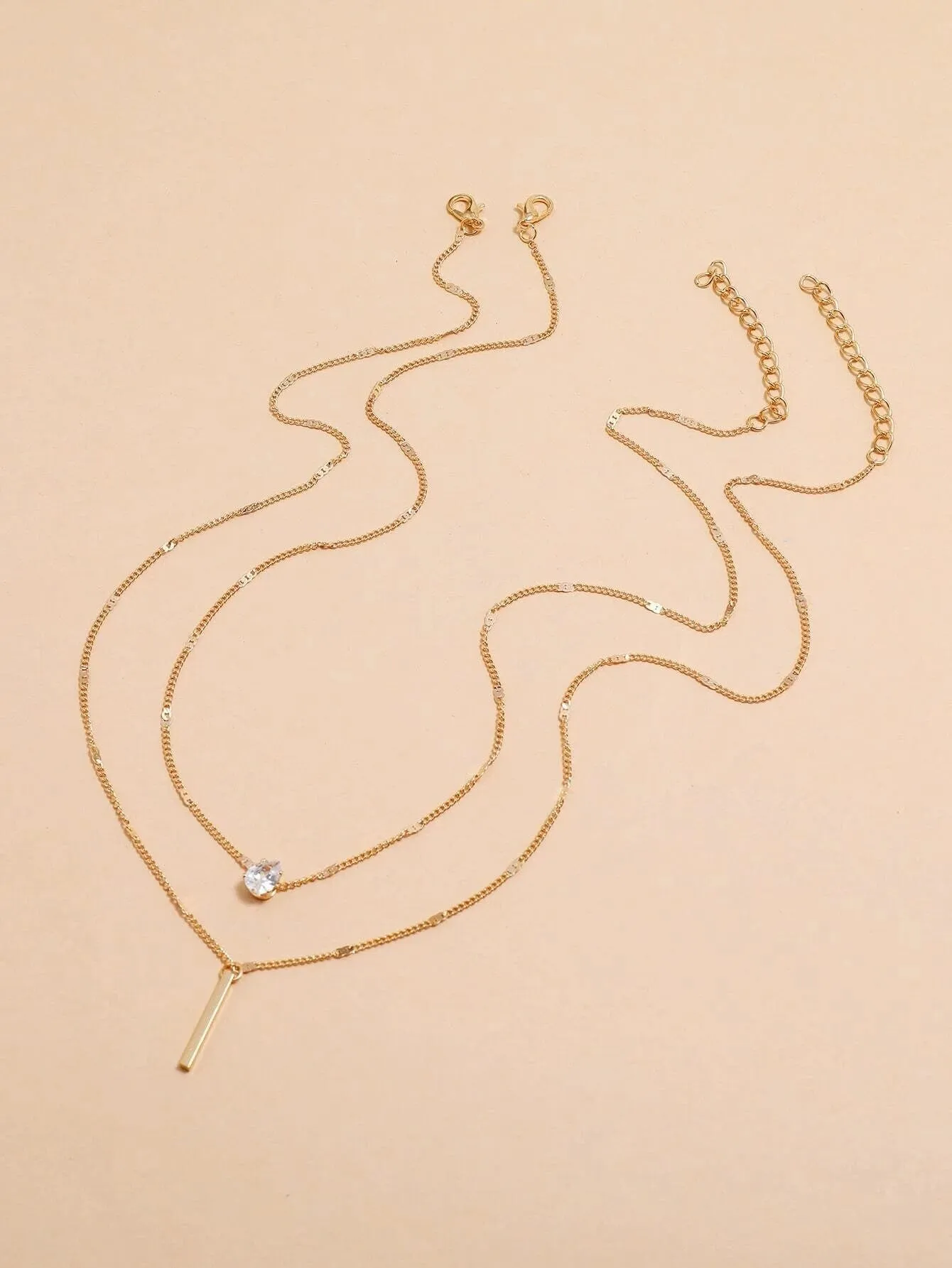 Double 2 PC Necklace Set Minimalist Dainty Bar Charm Two Chains Aesthetic Rhinestone Pendant Trendy Gem Charm Jewelry Set of 2 Necklaces