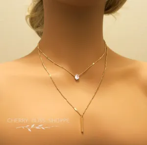 Double 2 PC Necklace Set Minimalist Dainty Bar Charm Two Chains Aesthetic Rhinestone Pendant Trendy Gem Charm Jewelry Set of 2 Necklaces