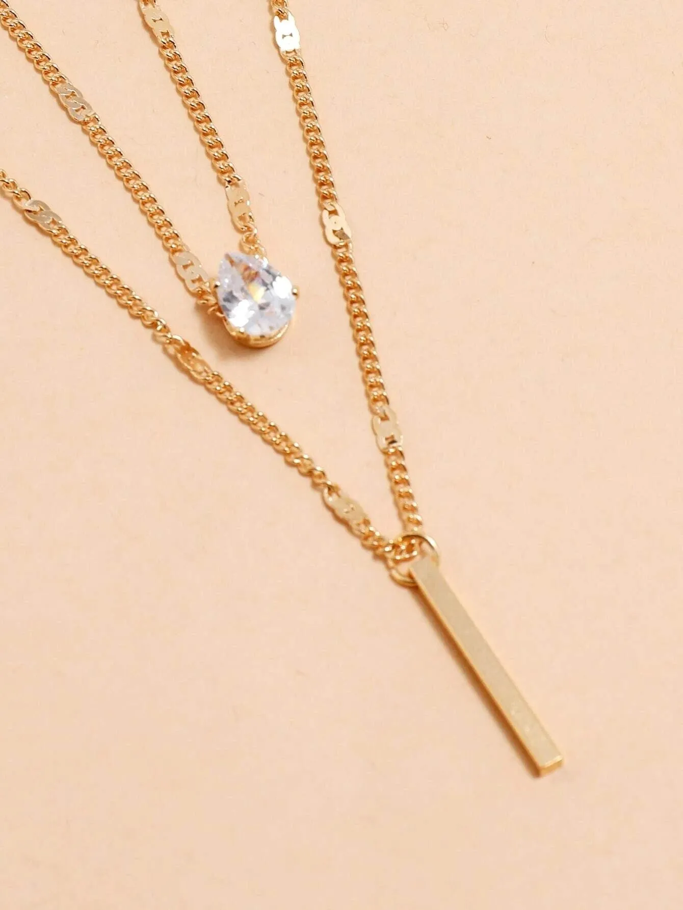 Double 2 PC Necklace Set Minimalist Dainty Bar Charm Two Chains Aesthetic Rhinestone Pendant Trendy Gem Charm Jewelry Set of 2 Necklaces