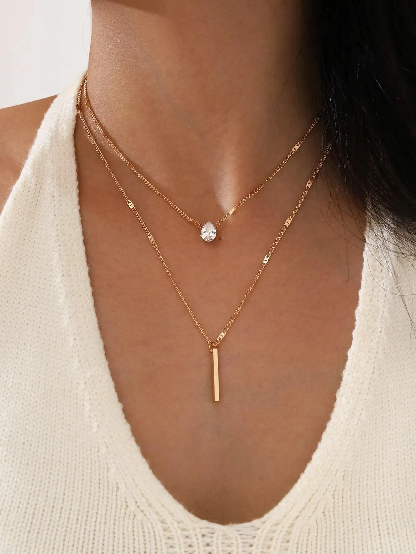 Double 2 PC Necklace Set Minimalist Dainty Bar Charm Two Chains Aesthetic Rhinestone Pendant Trendy Gem Charm Jewelry Set of 2 Necklaces