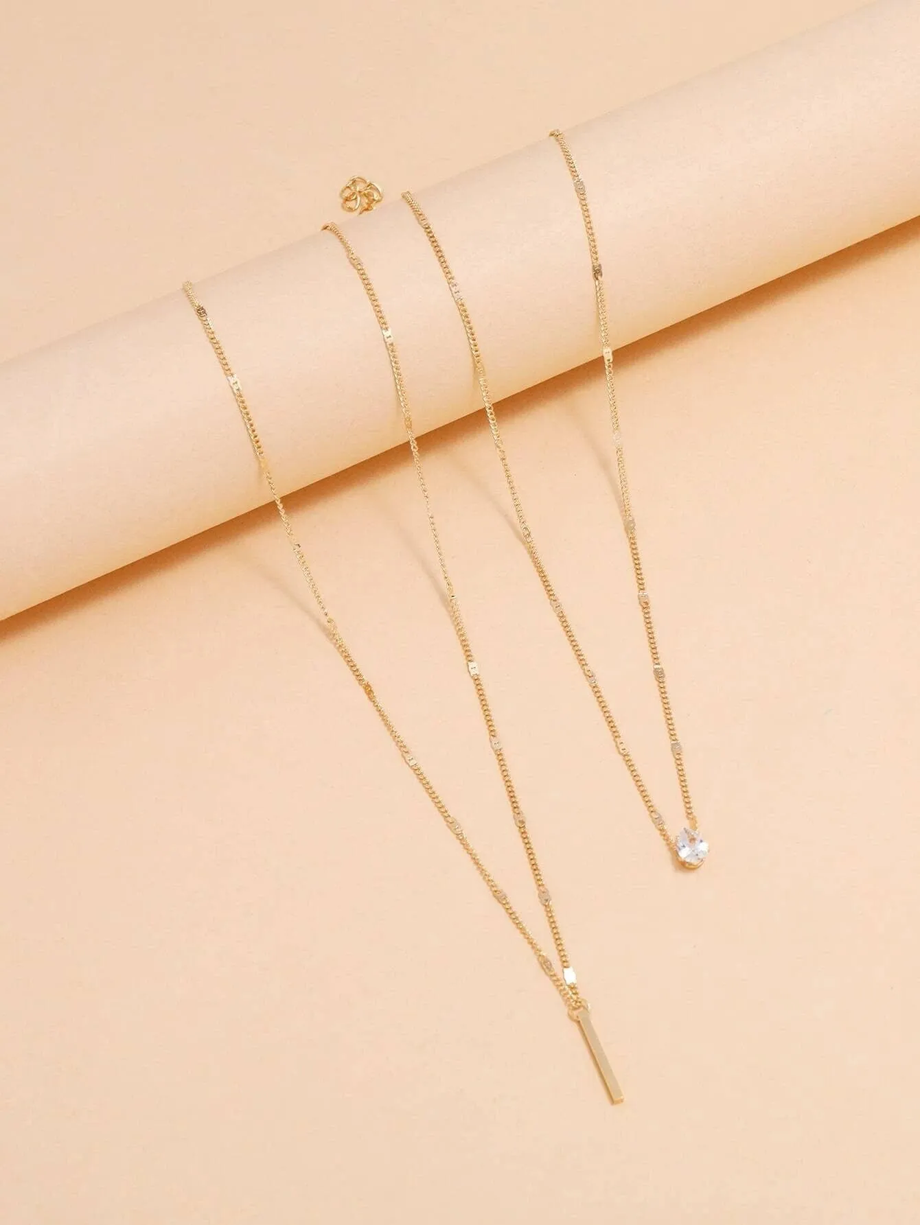 Double 2 PC Necklace Set Minimalist Dainty Bar Charm Two Chains Aesthetic Rhinestone Pendant Trendy Gem Charm Jewelry Set of 2 Necklaces