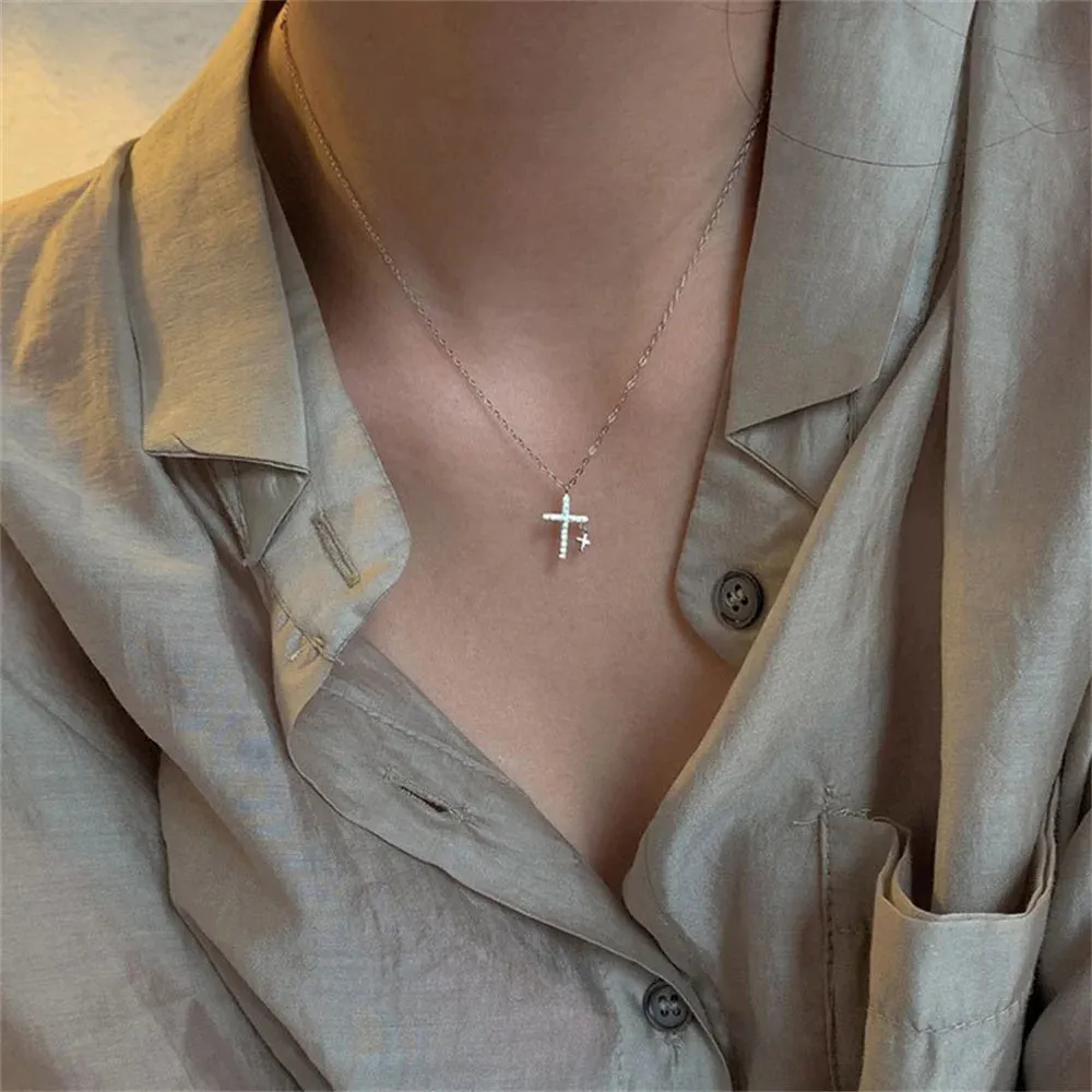 Double Cross Pendant Necklace – Crystal Acrylic Layered Jewelry