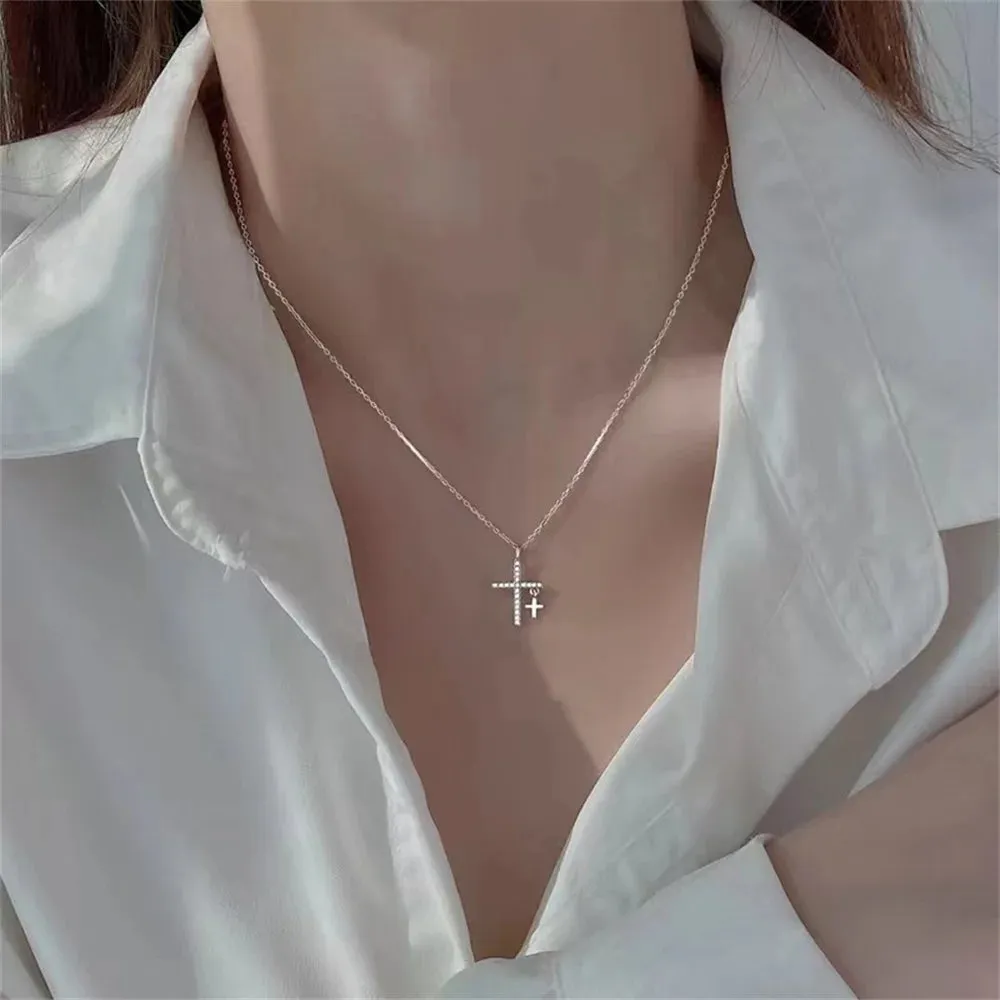 Double Cross Pendant Necklace – Crystal Acrylic Layered Jewelry