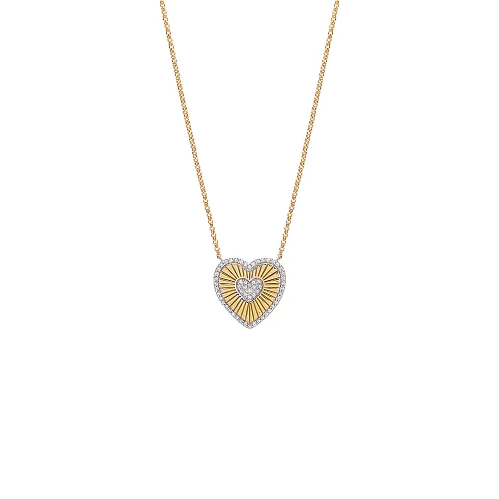 Double Diamond Ridged Heart Necklace 14K
